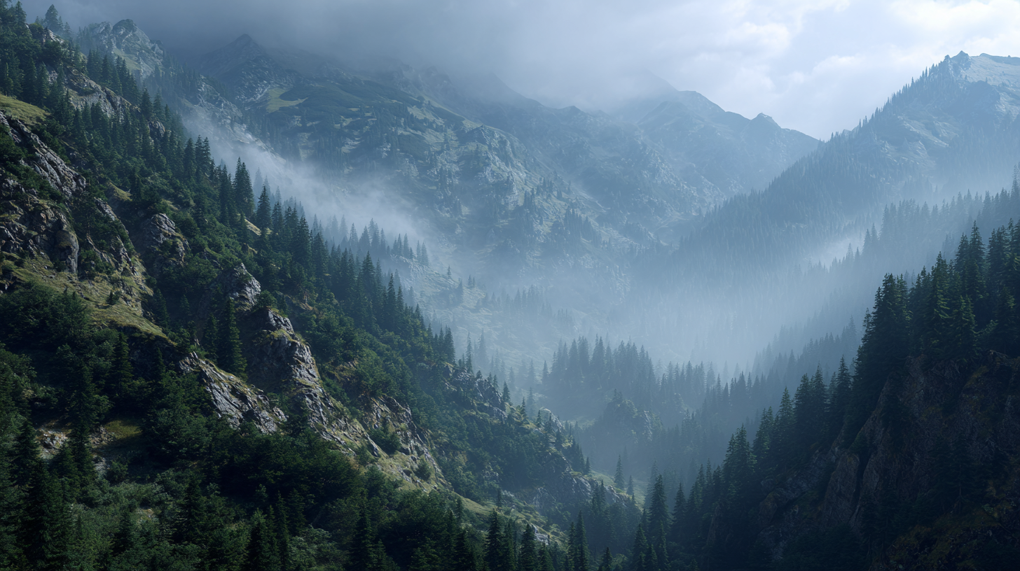 Forested Carpathian slopes and remote valleys fading into mist.