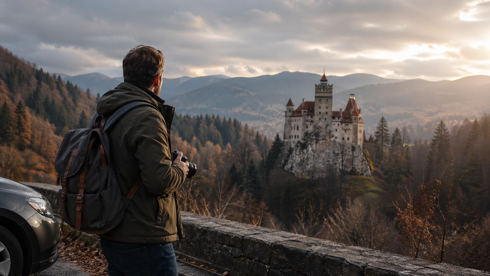 Traveler on a Romania castle itinerary at a scenic stop between destinations.