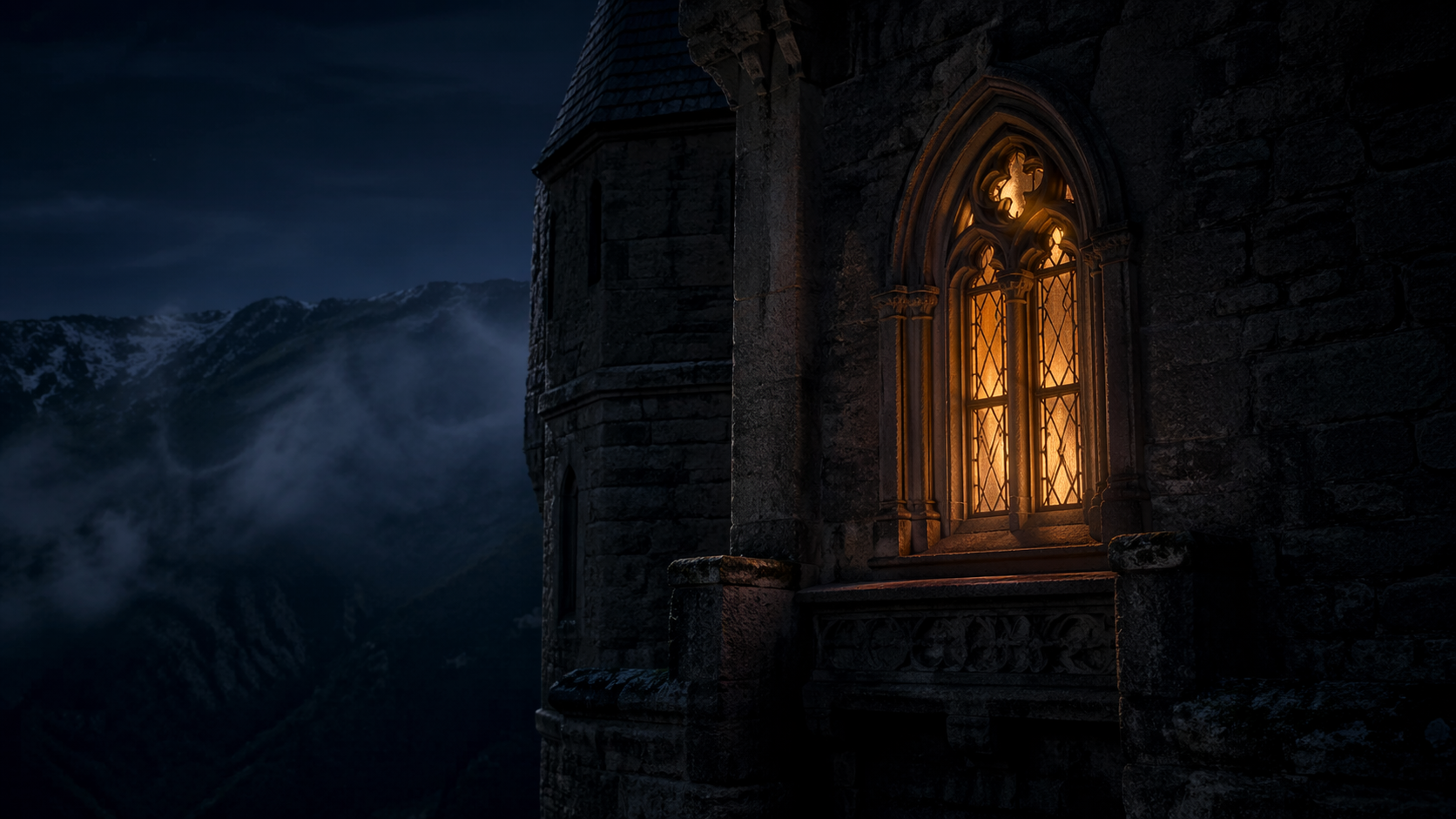 Romania castles: Glowing castle window above dark stone walls in night mist.