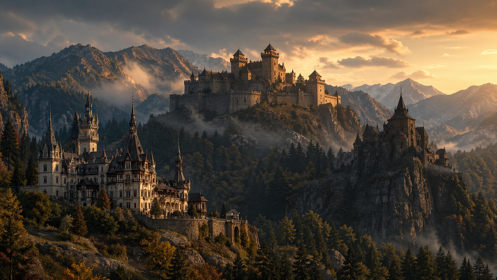 Romania castles: Different moods of Romanian castle architecture shown in one atmospheric composition.