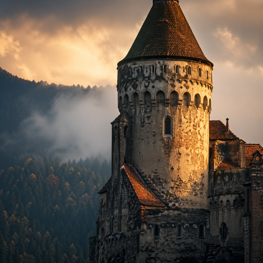 Close-up of a Romanian castle tower in dramatic evening light.