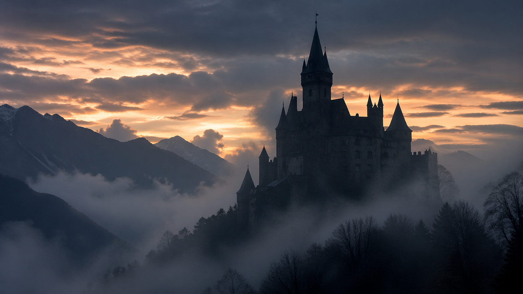 Castle silhouette against mountain mist and evening sky in Romania.