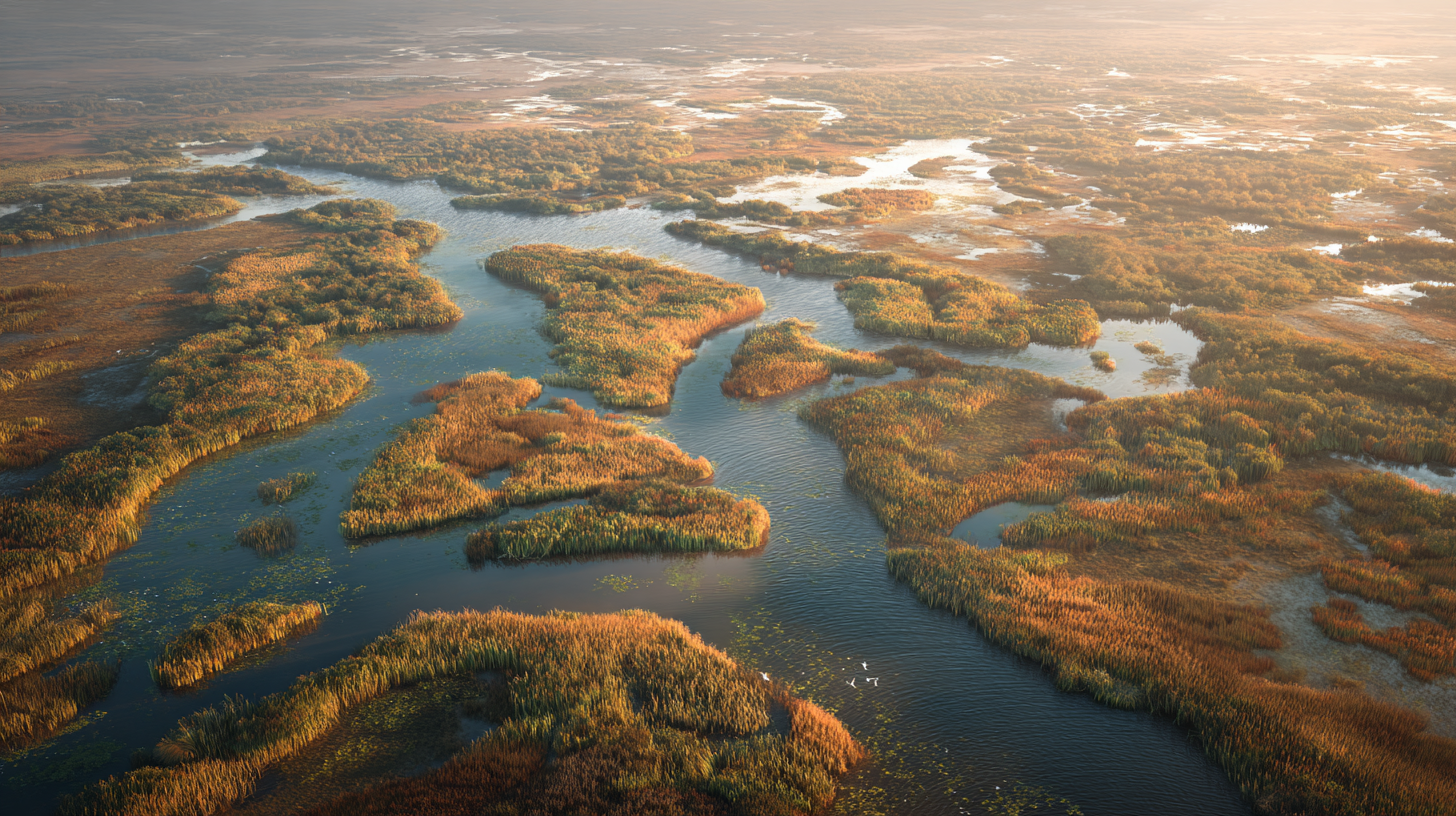 Wide Danube Delta wetland with reed beds, still channels, and waterbirds.