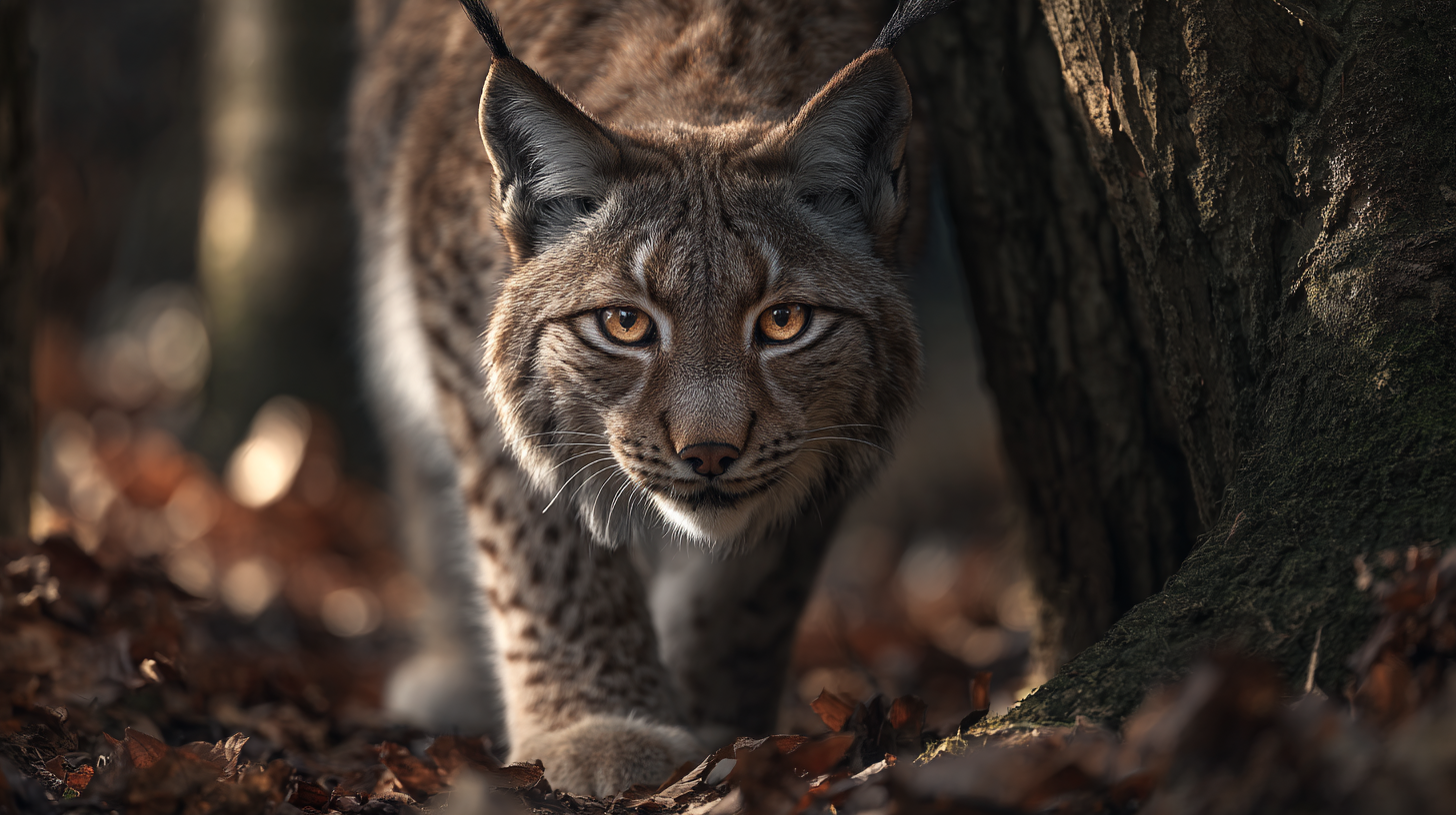 Eurasian lynx emerging from shadow in a Romanian forest.