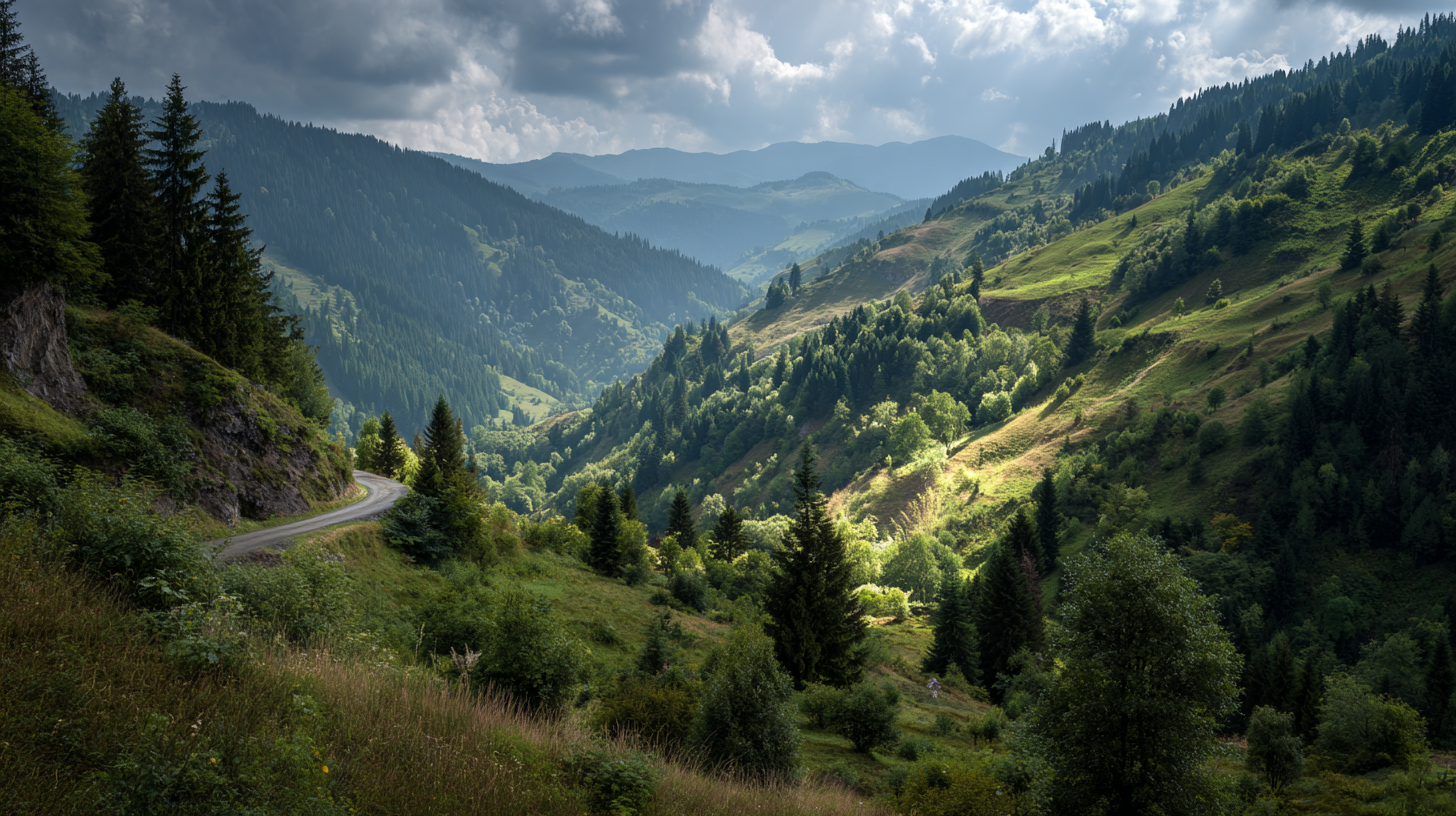 Rough Romanian landscape with forest, valley, and mountain continuity.
