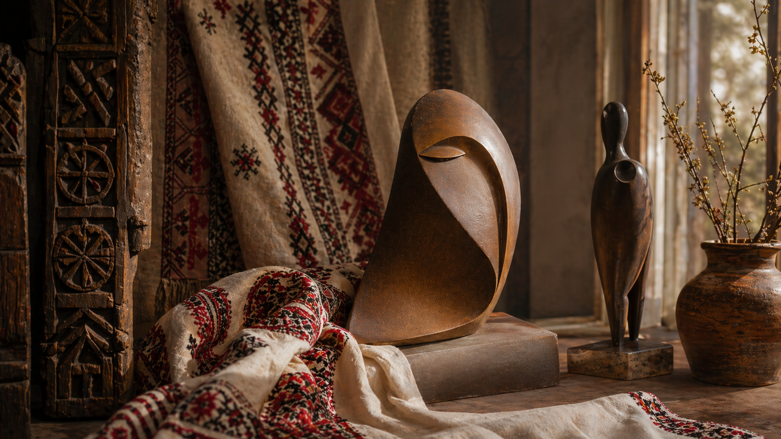 Romanian folk motifs and modern sculptural forms brought together in one frame.