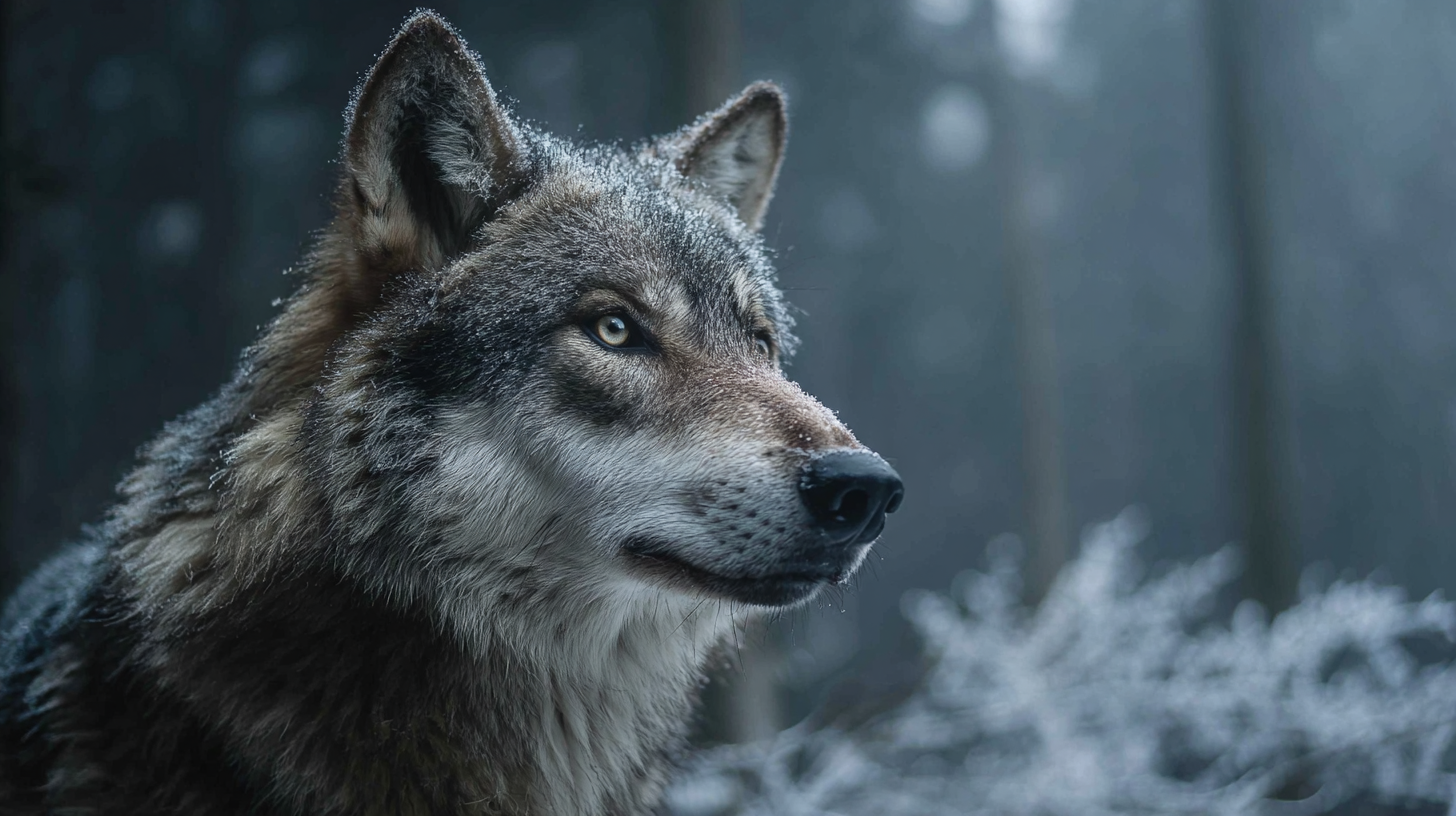 Gray wolf standing alert in a frost-touched Romanian forest.