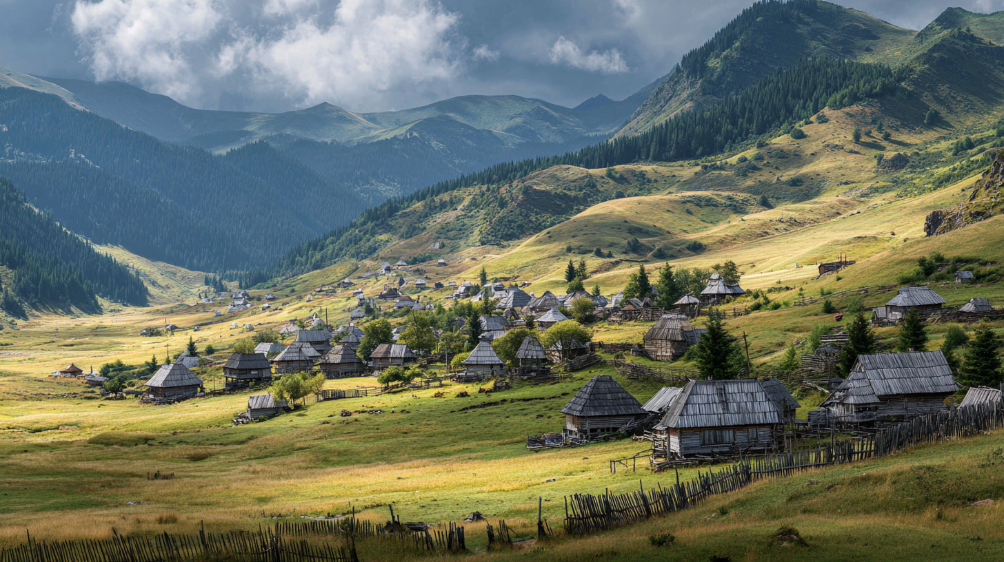 Mountain village in Romania with wooden houses, meadows, and ridges behind.