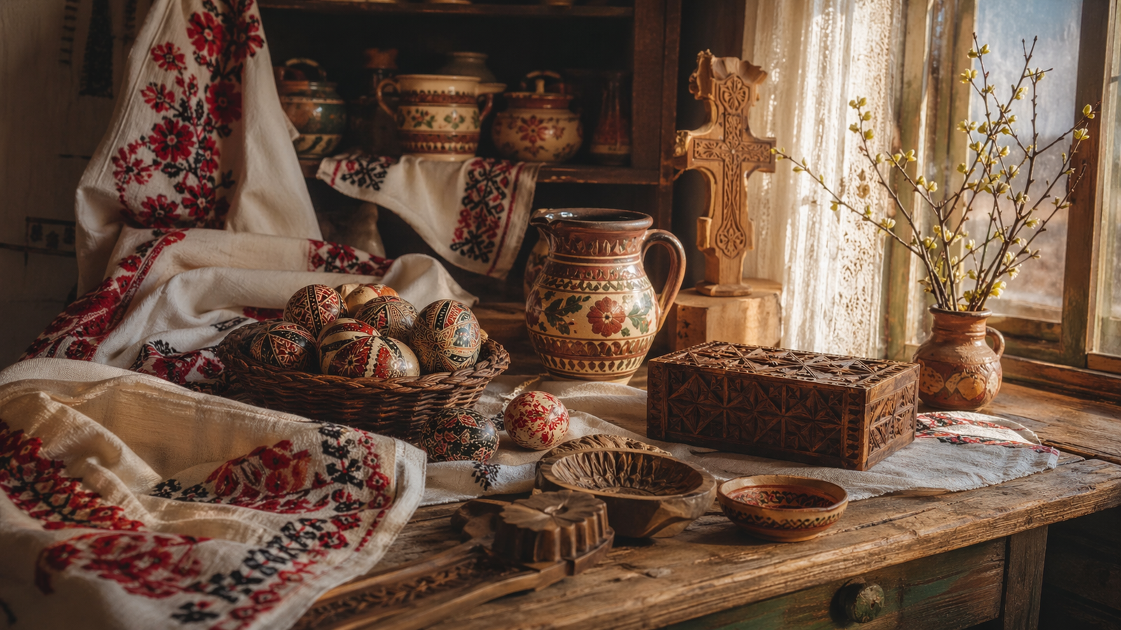 Romanian rural craft details including embroidered textiles, painted eggs, carved wood, and pottery.