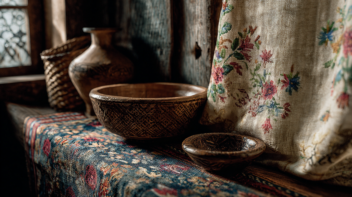 Close-up of Romanian village craft details including embroidery, carving, and ceramics.