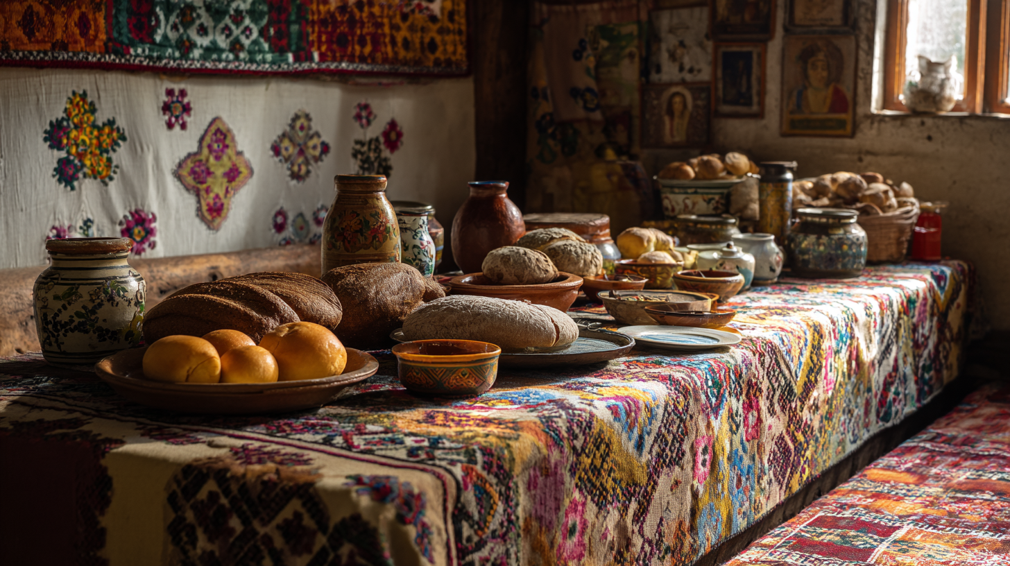 Romanian rural culture shown through textiles, bread, pottery, and icons in a village home.
