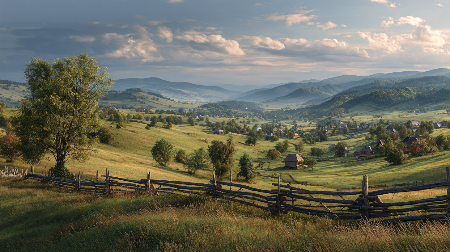 Traditional Romanian countryside with hay meadows, orchard trees, and a distant village edge.