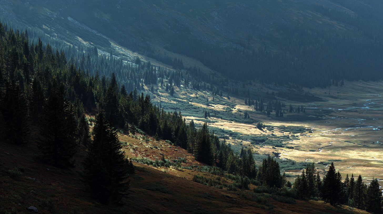 Layered Romanian landscape with forest, meadow, mountains, and distant wetland.