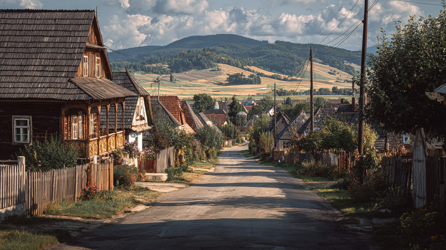Romanian village street with timber houses, barns, and hills beyond.