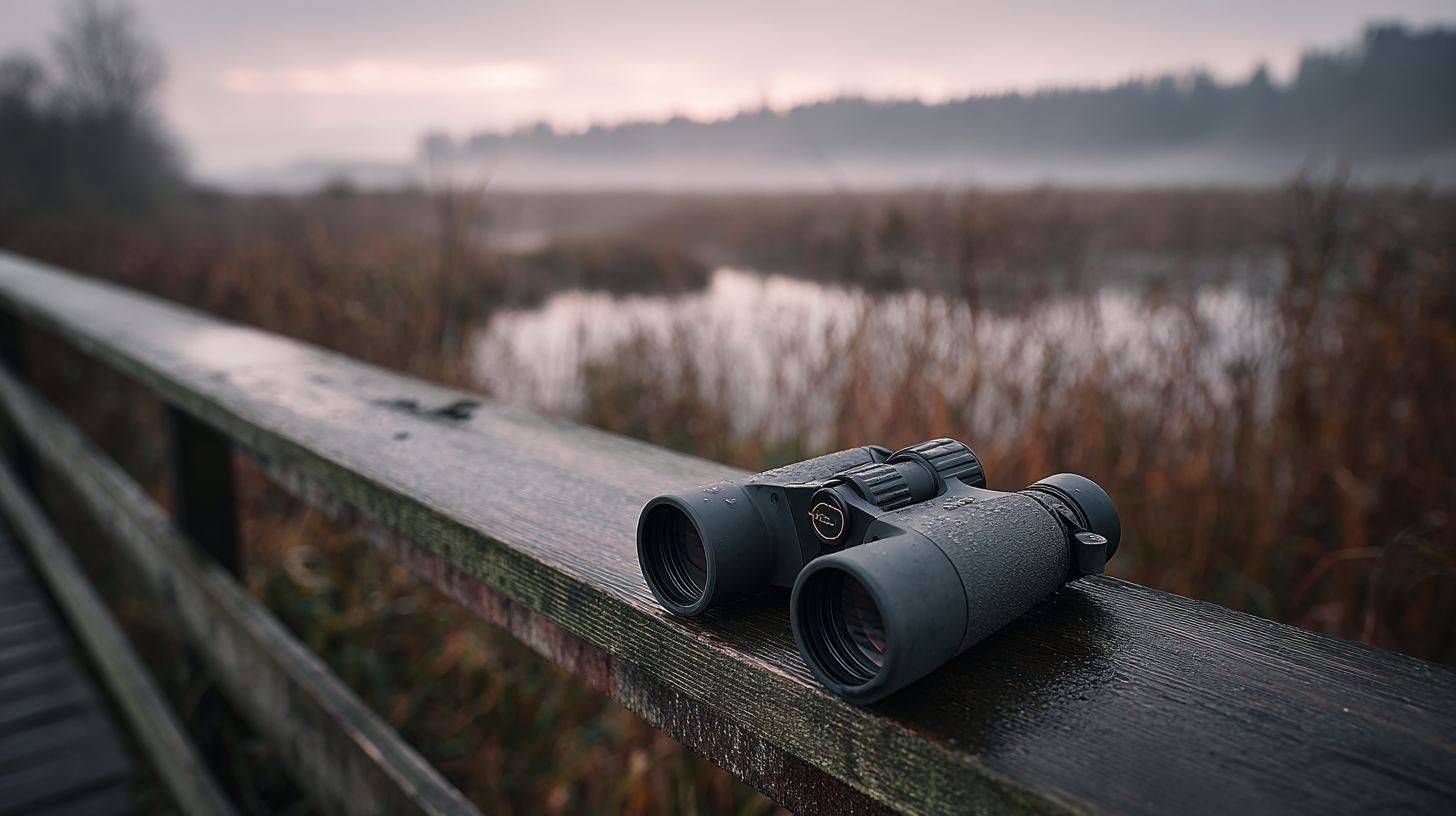 Binoculars resting before a quiet Romanian wildlife-viewing landscape at dawn.