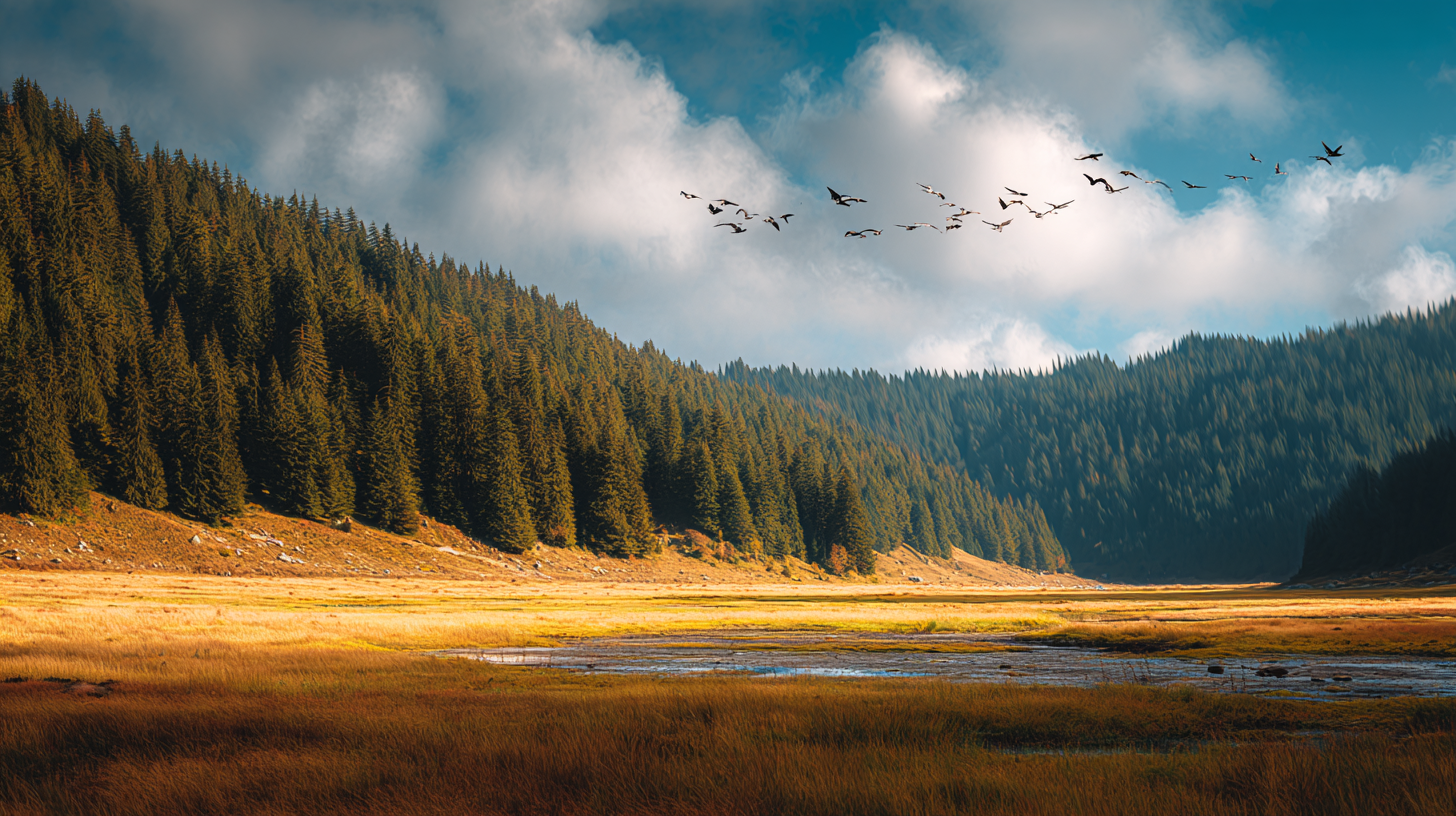 Romanian landscape blending mountains, wetland, meadow, and distant birds into one wild closing scene.