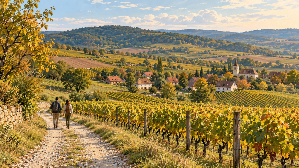 Illustration of travellers exploring Romania wine regions