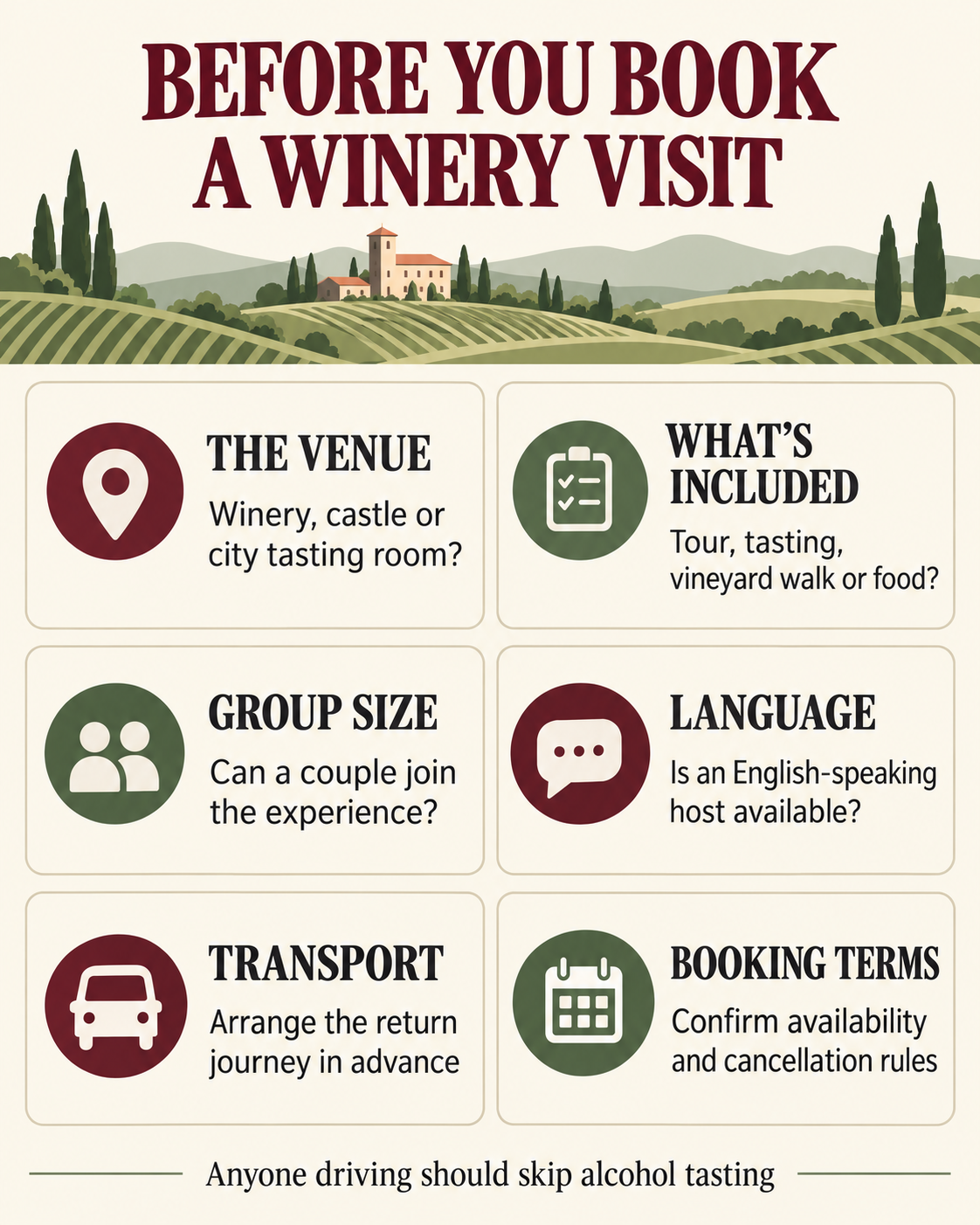 Checklist for booking a winery visit in Romania, including group size, language and transport