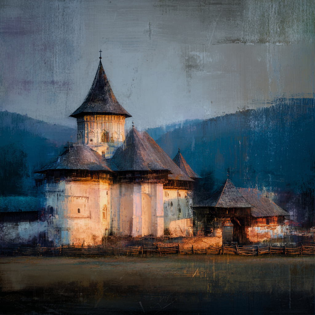 Layered Romanian artistic identity with monastery painting, carved wood, textiles, and modern sculpture.