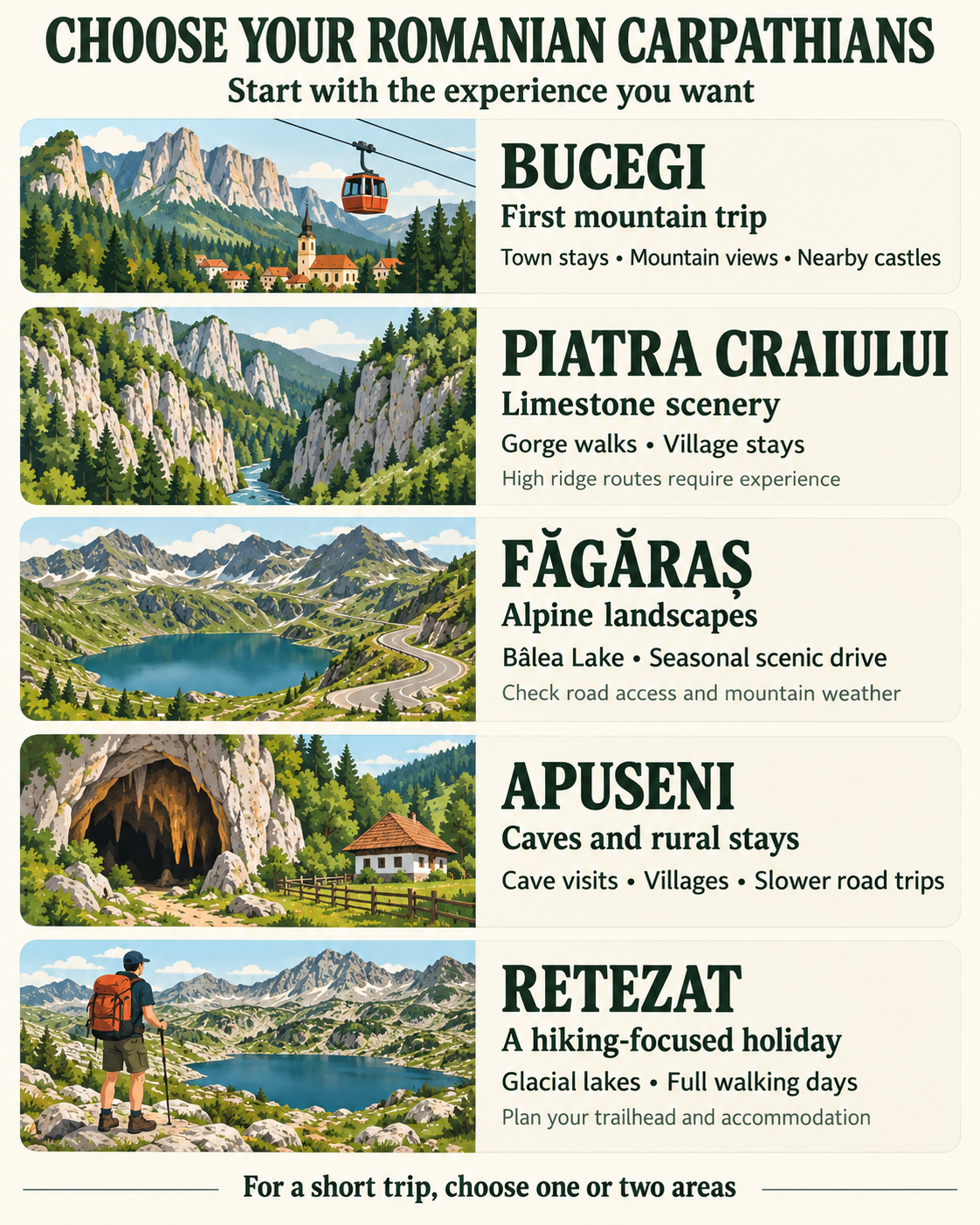 Five Romanian Carpathian areas compared by travel interests: Bucegi, Piatra Craiului, Făgăraș, Apuseni and Retezat.