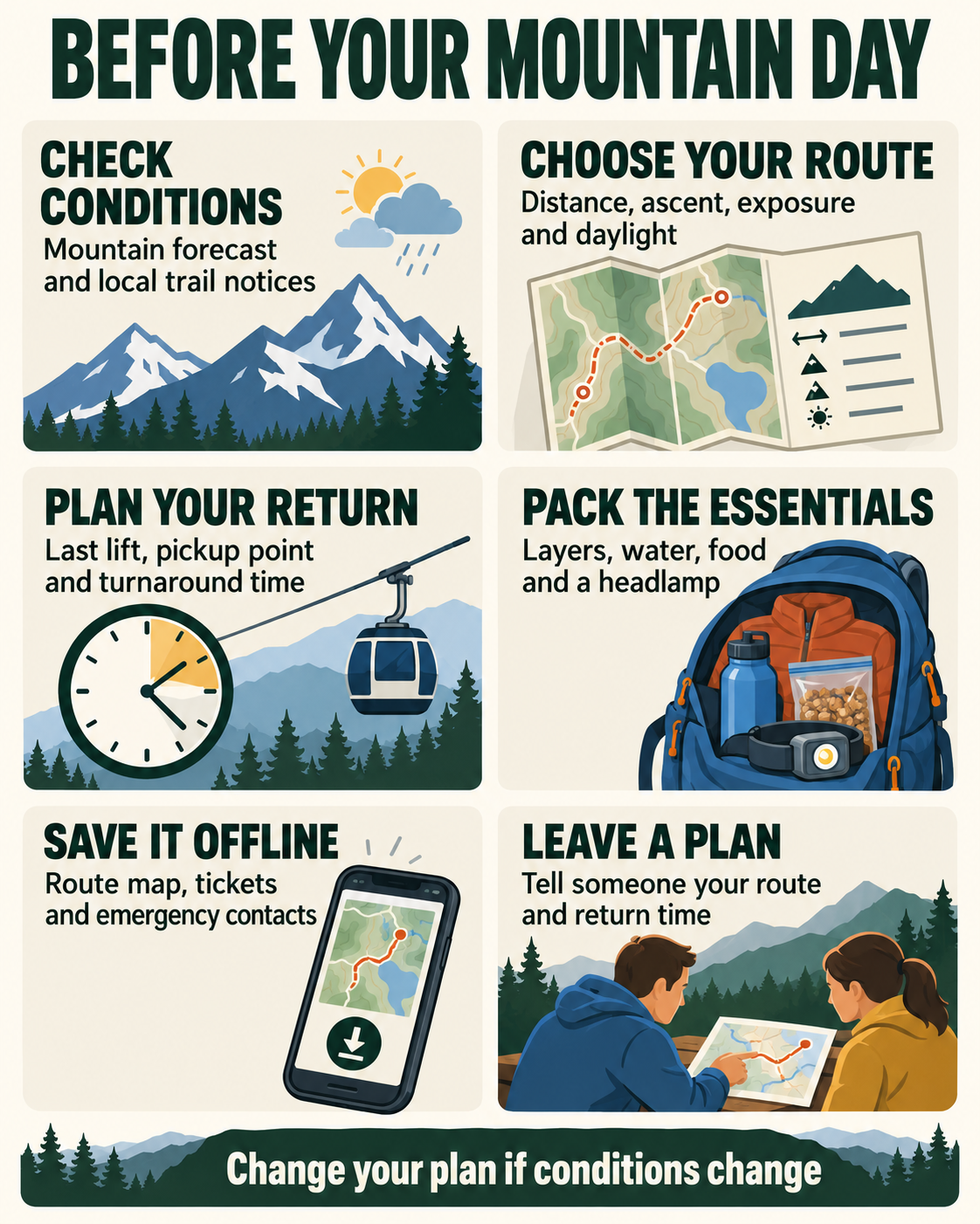 Mountain-day checklist covering weather, route choice, return transport, equipment and offline maps.