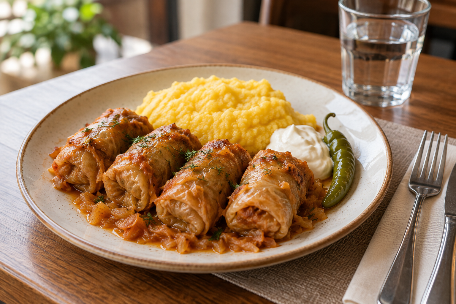 Sarmale served with polenta, sour cream and a chilli pepper