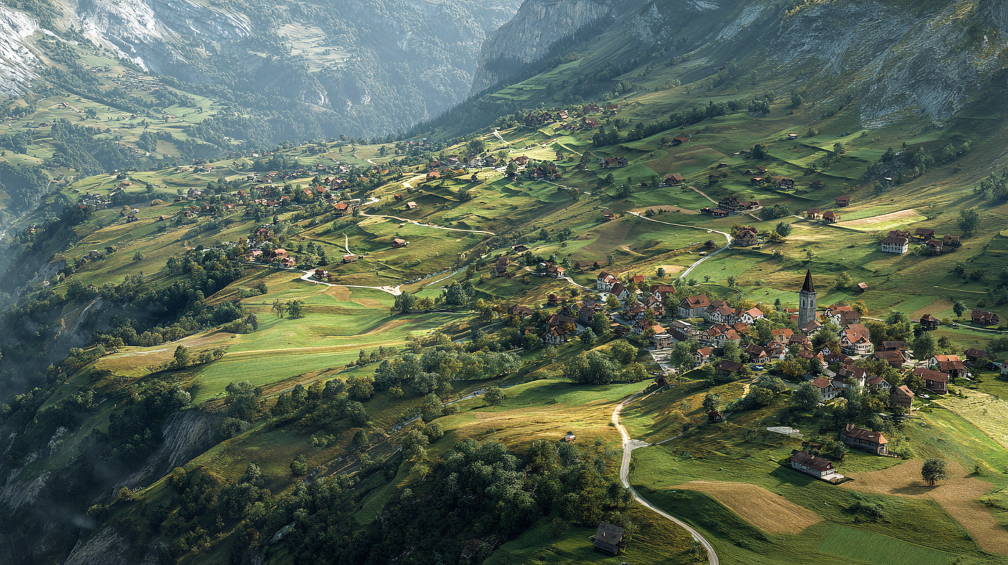 Hillside view over a Romanian village, fields, church tower, and mountain edge.