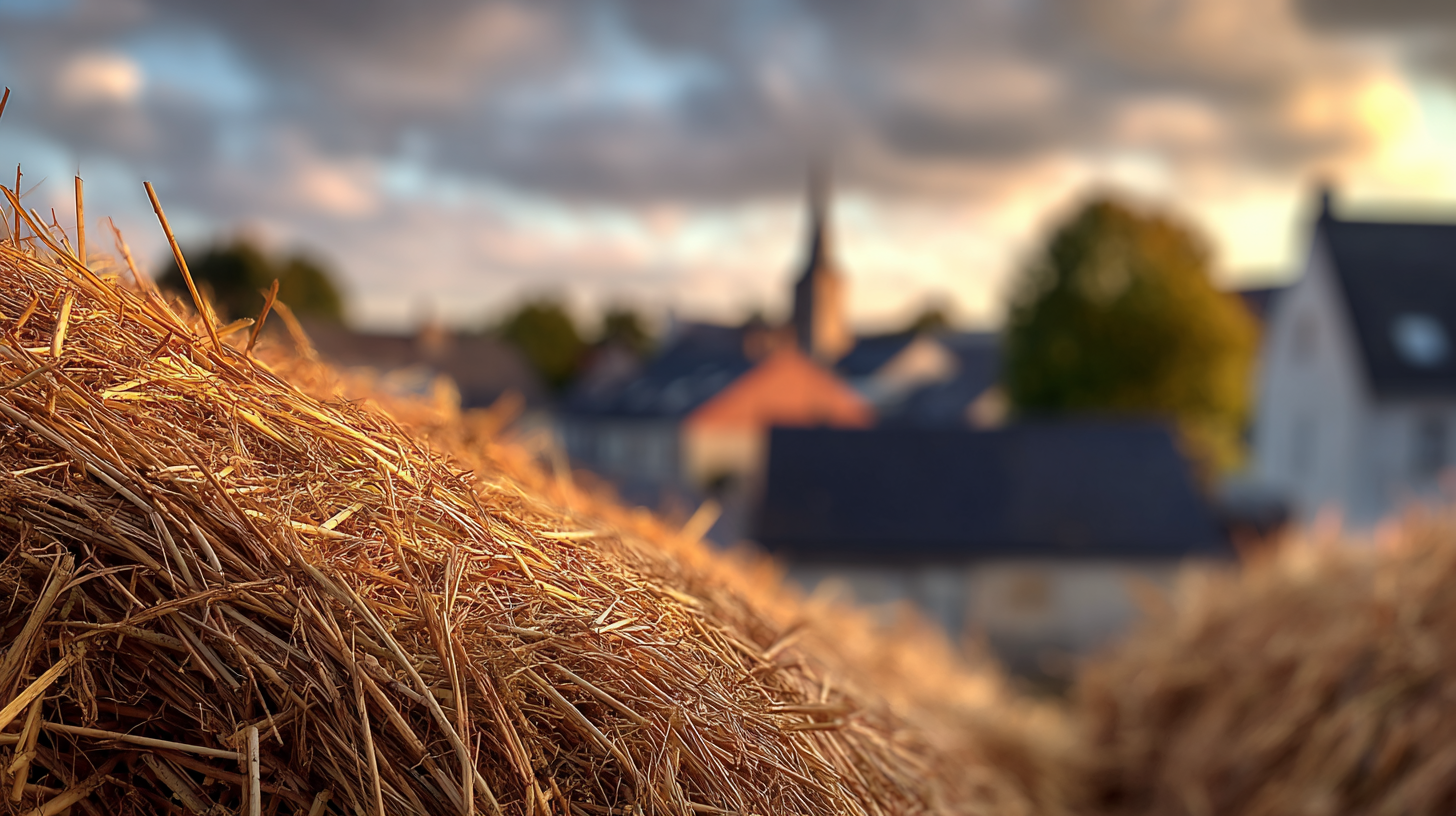 Haystack in golden light with village roofs and church tower blurred behind.