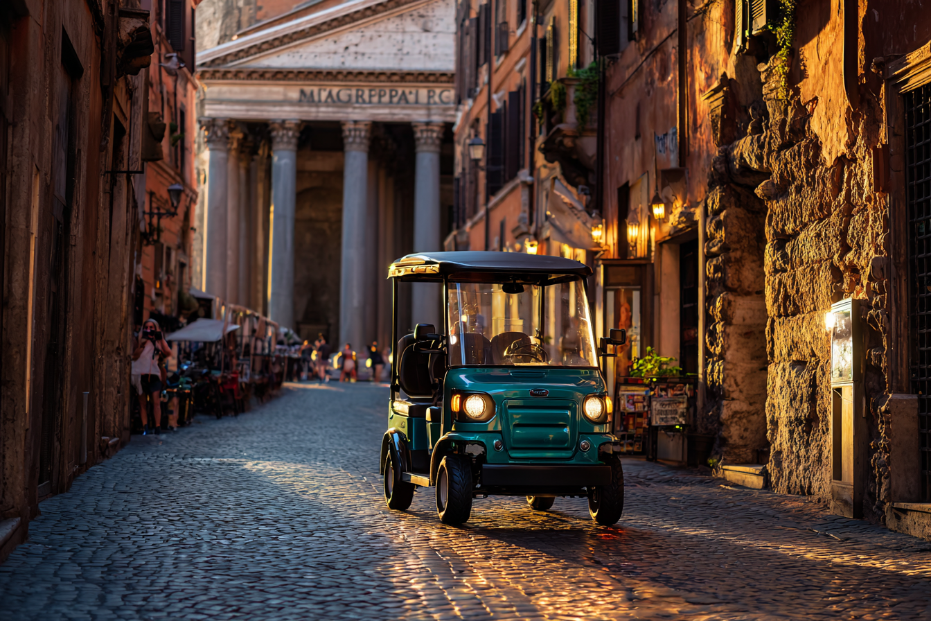 An electric golf cart driving on a cobblestone street near the Pantheon in Rome. An example of eco-friendly activities in Rome bookable via GetYourGuide.
