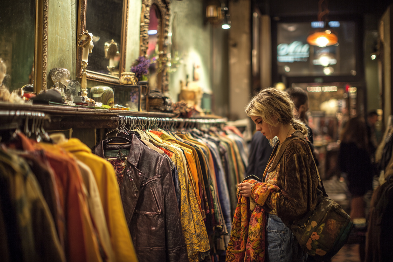 Inside a vintage fashion boutique in Rome's Monti district, featuring retro clothing and accessories.
