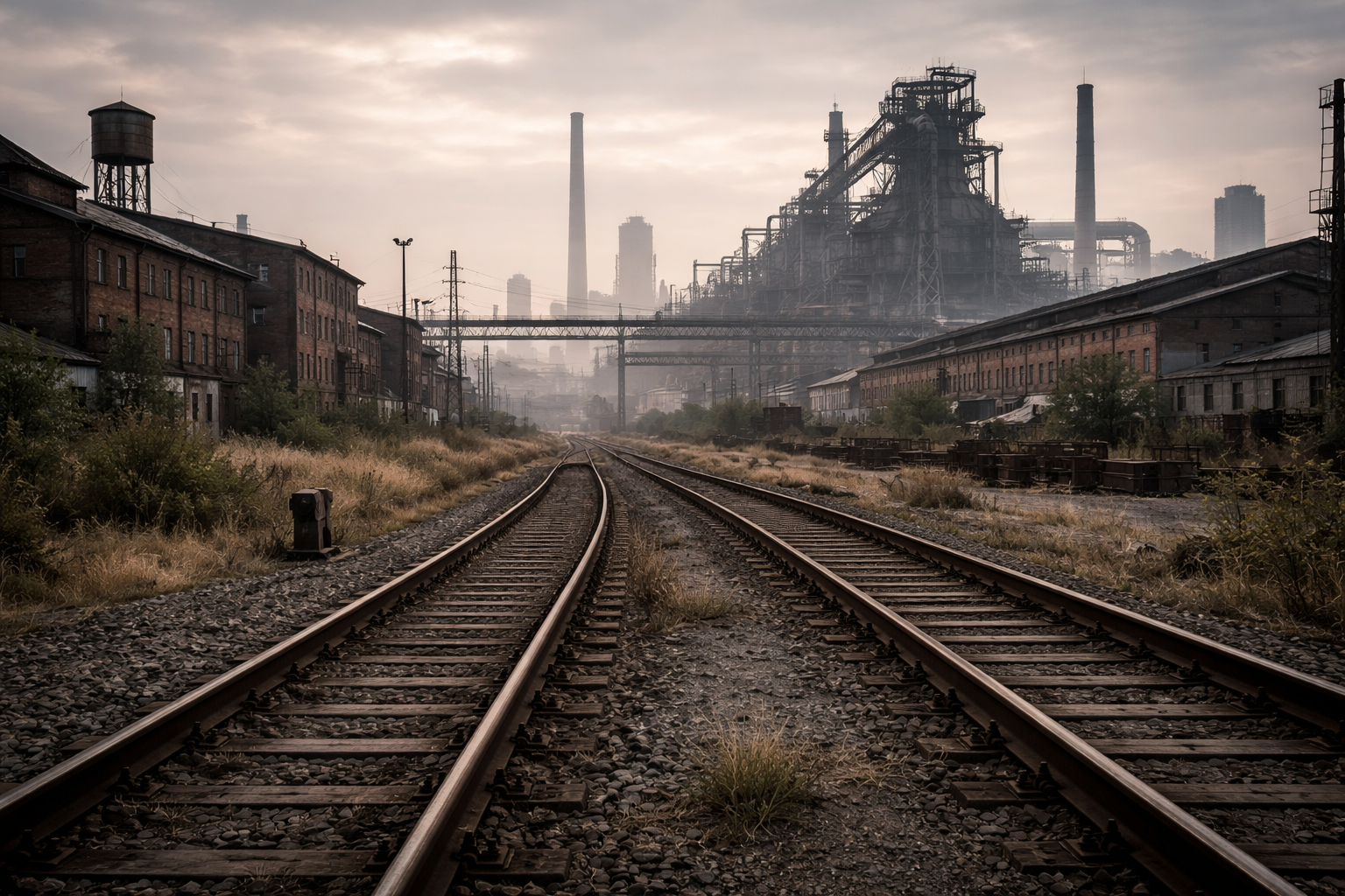 Rail tracks, brick structures, and distant industrial towers in the Ruhr region.