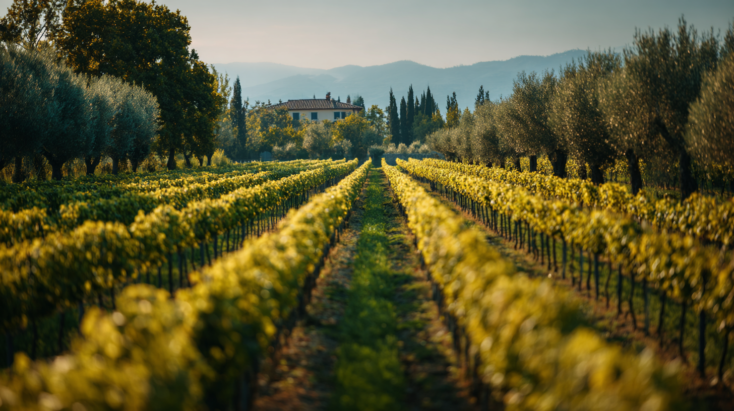 Close-up of Italian countryside rows with soft seasonal light.