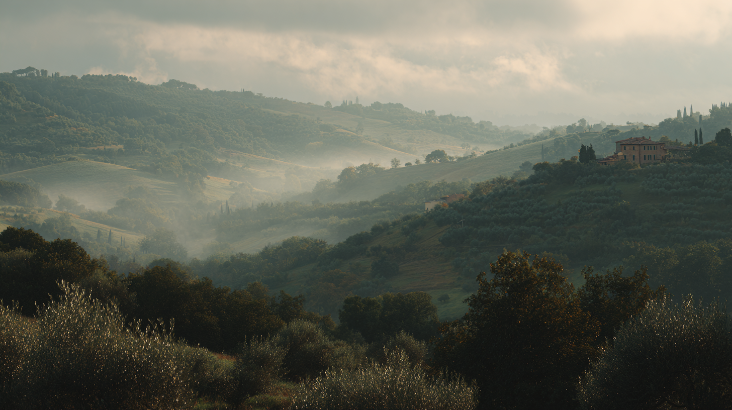 Misty rural Italian landscape conveying silence.