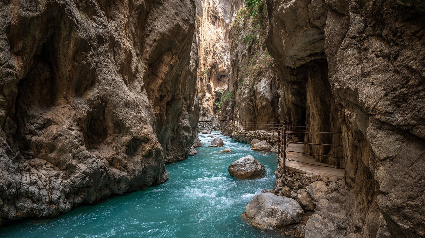 Natural wonders of Turkey: Saklikent Gorge with limestone canyon walls and a cold turquoise stream