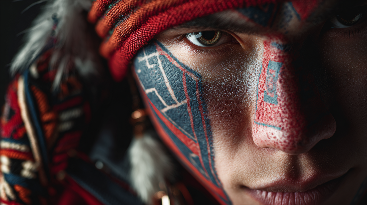 Close-up of a modern Sámi artist blending tradition and contemporary style.