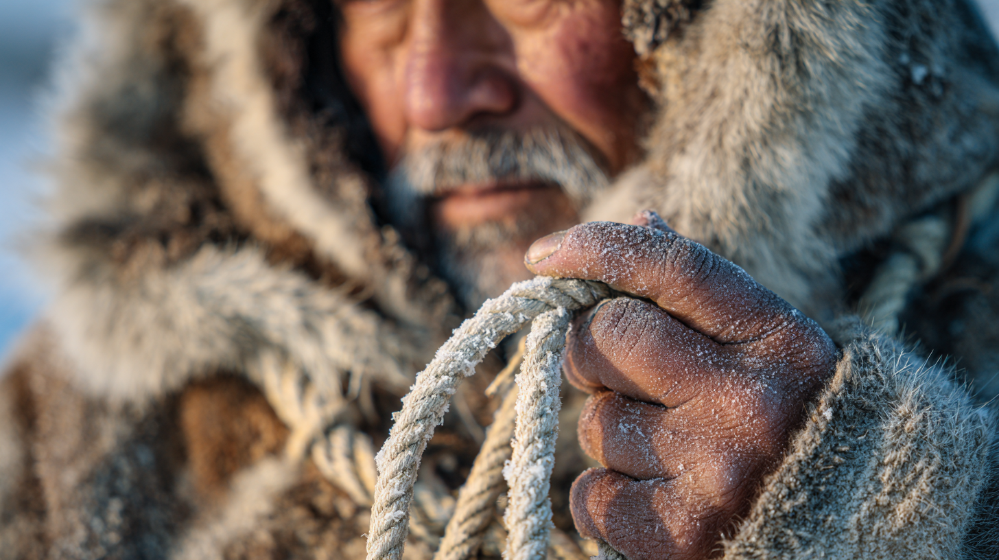 Close-up of a Sámi people reindeer herder holding a traditional lasso.