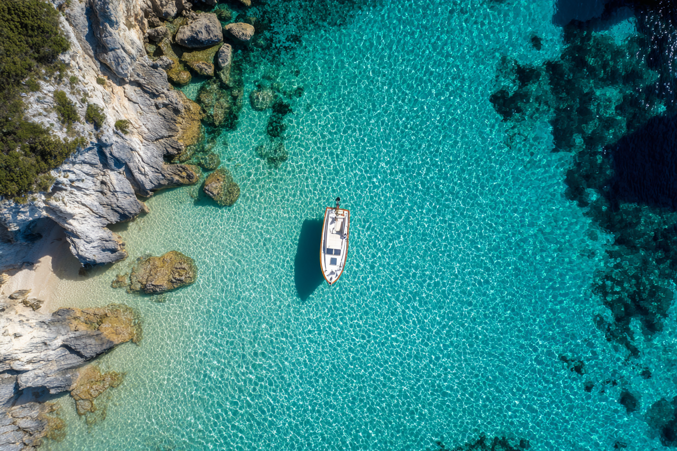 Aerial view of a boat in the crystal clear turquoise waters of Cala Goloritzé beach in Sardinia.