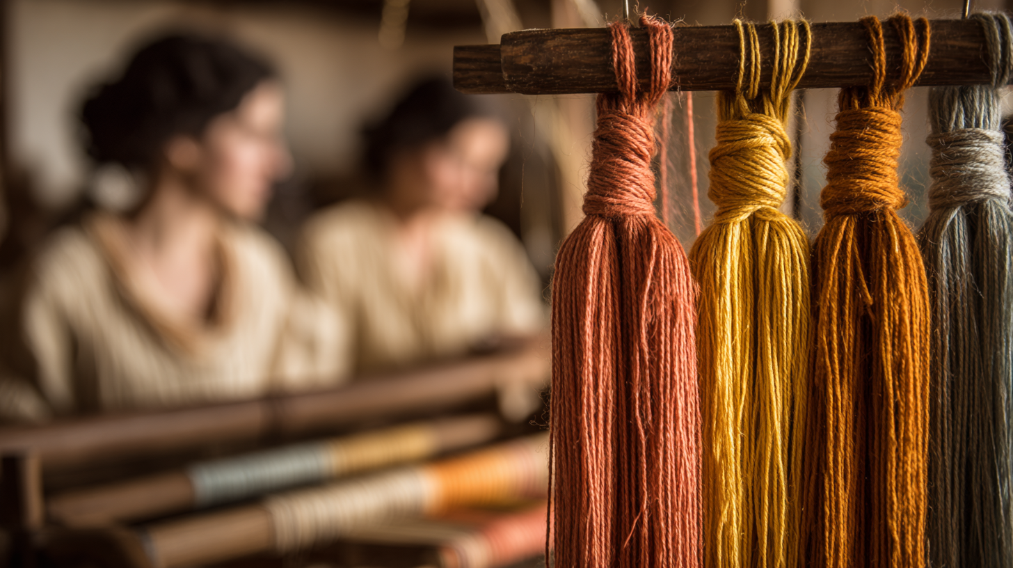 Close-up of Sardinian wool on a loom with women blurred behind.