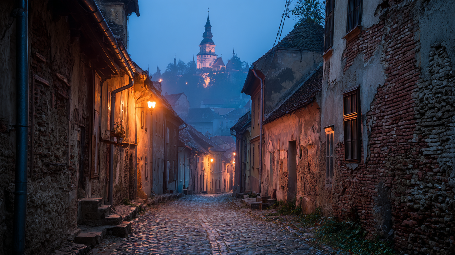 Narrow medieval street in a Saxon town in Transylvania at blue hour.