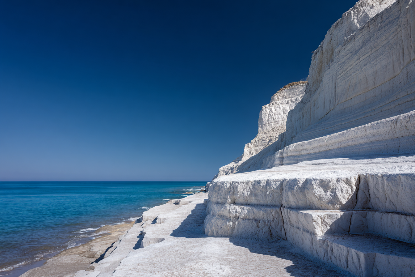 The famous white limestone cliffs of Scala dei Turchi in Sicily contrasting with the blue sea.