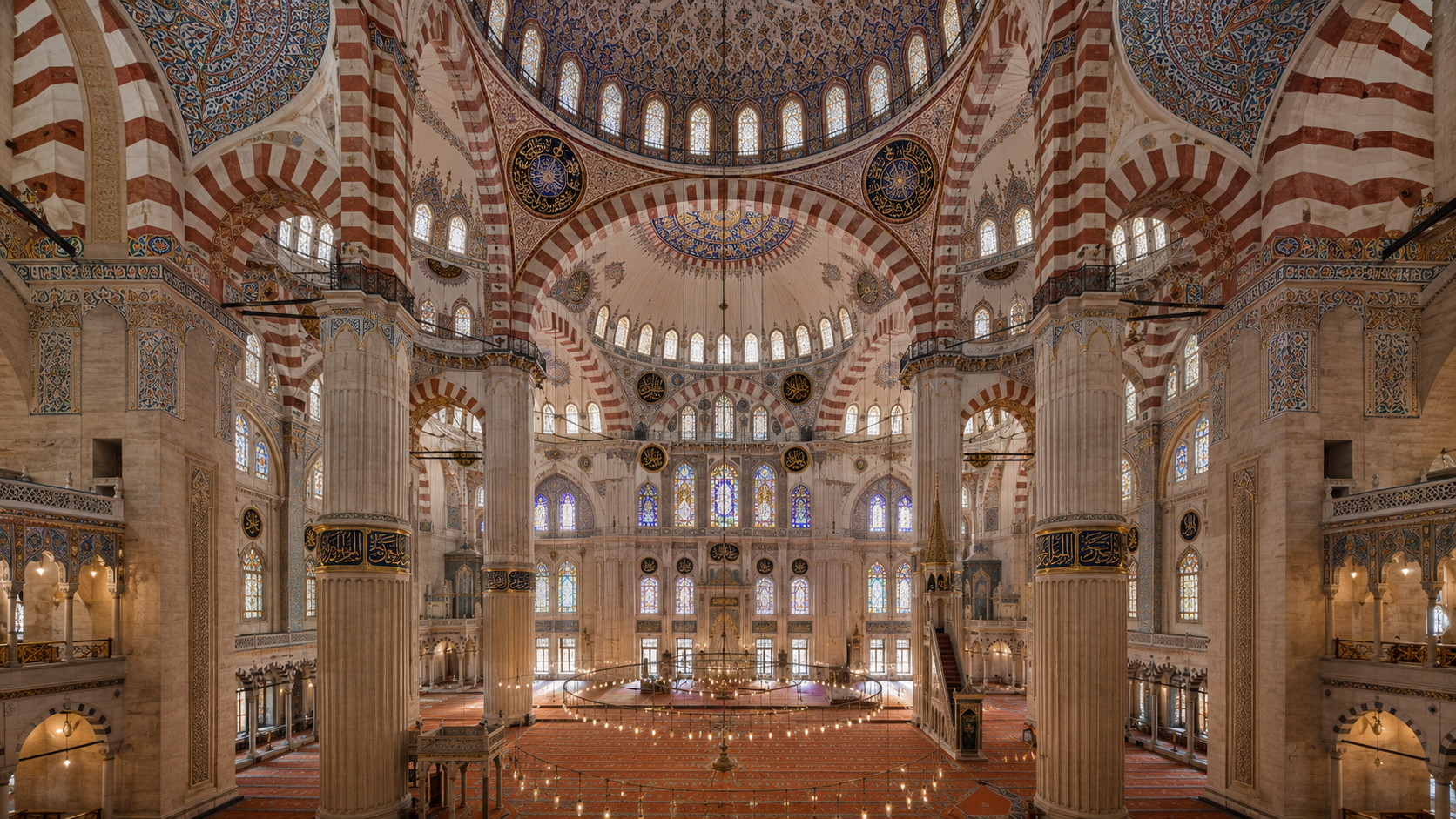 Interior of Selimiye Mosque with central dome, tilework, arches, and sacred light