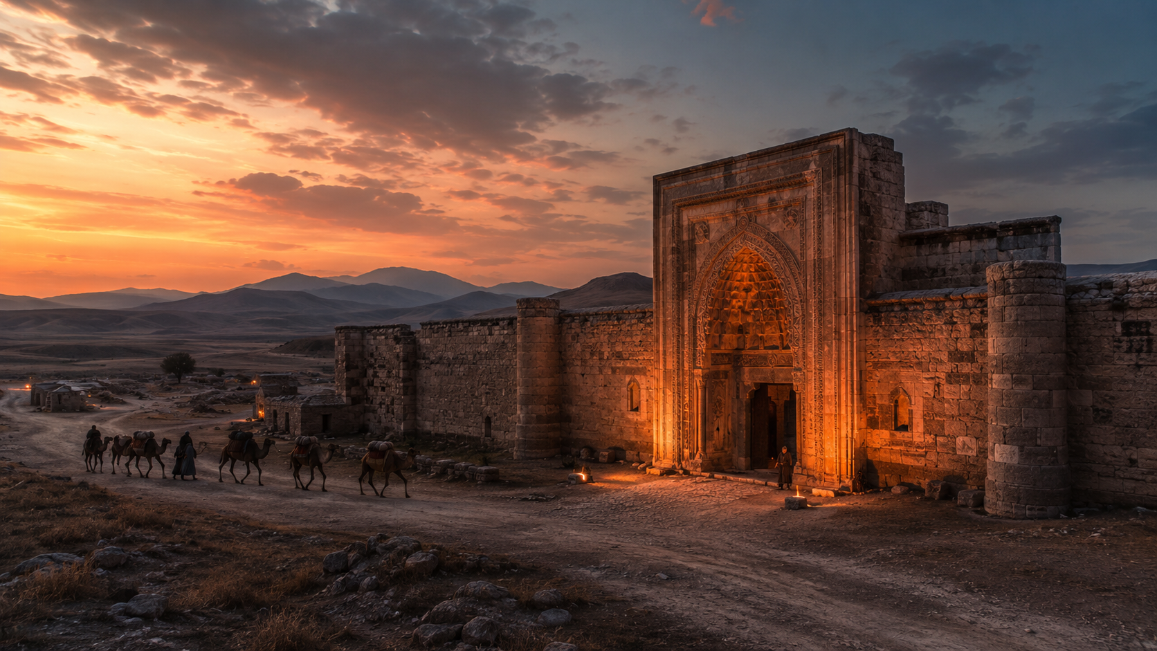 Seljuk caravanserai on the Anatolian plateau at dusk