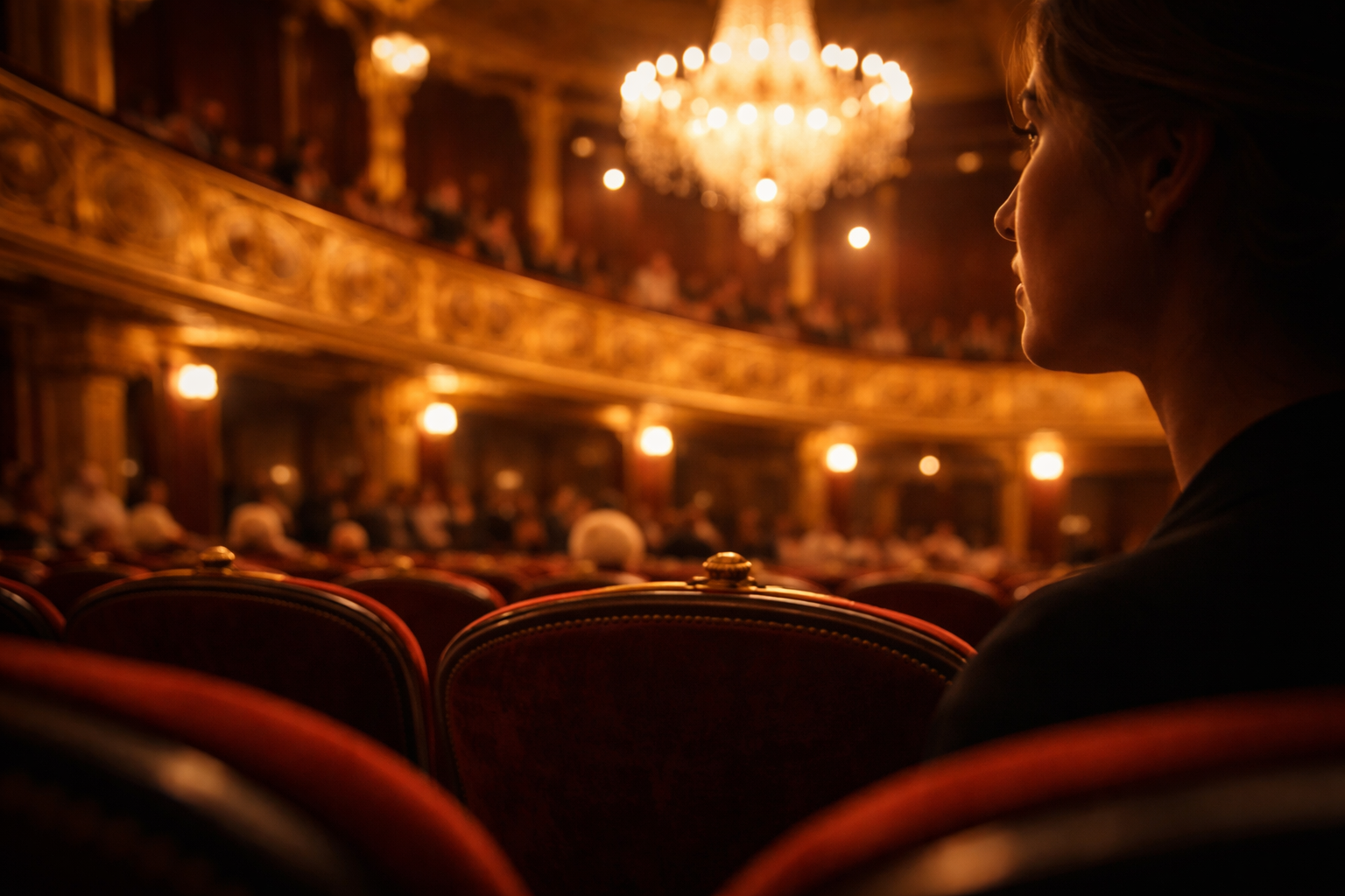 Velvet, gold, and a softly visible listener inside Dresden’s opera atmosphere.