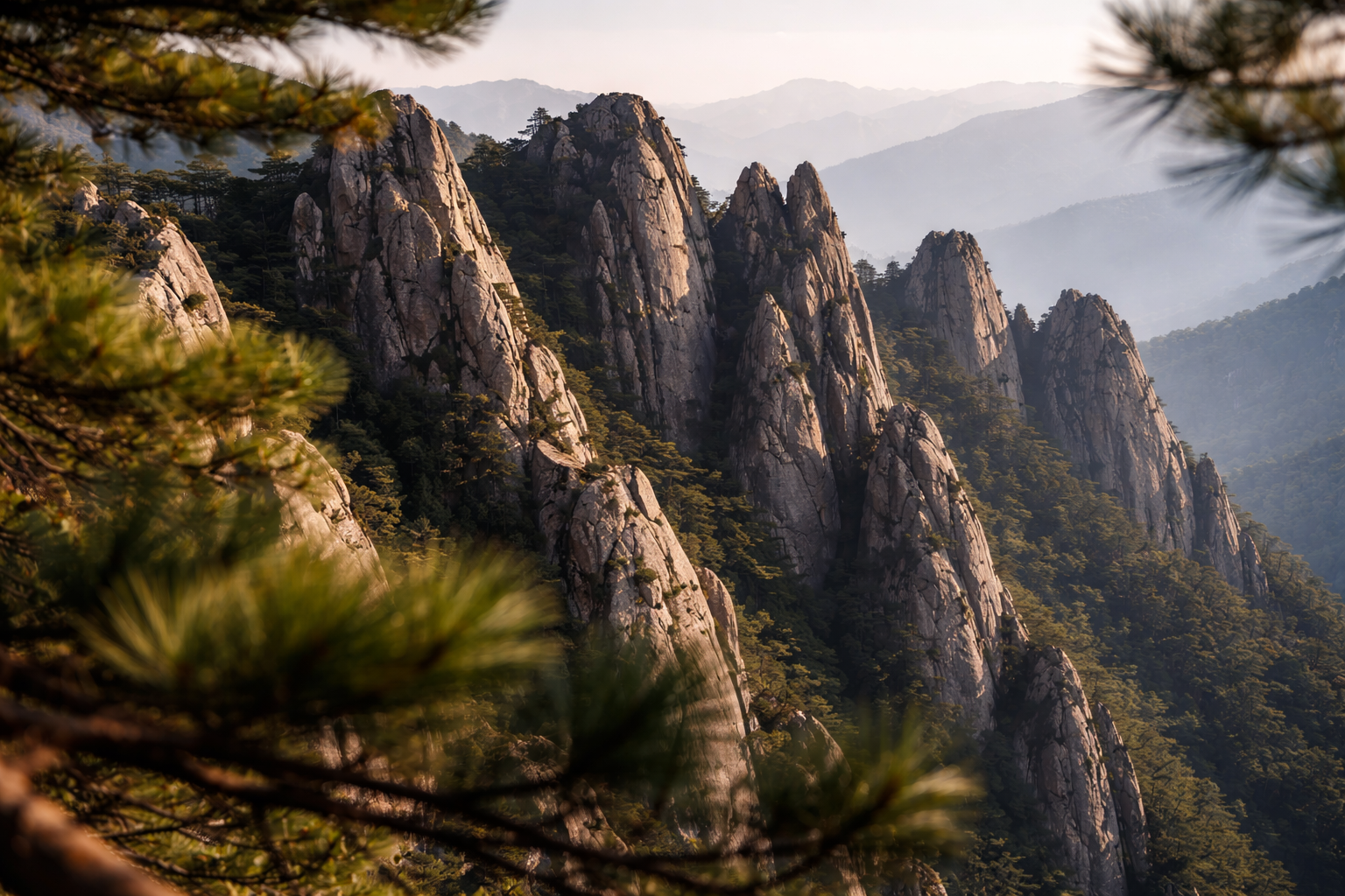 Jagged granite spires in crisp morning light.