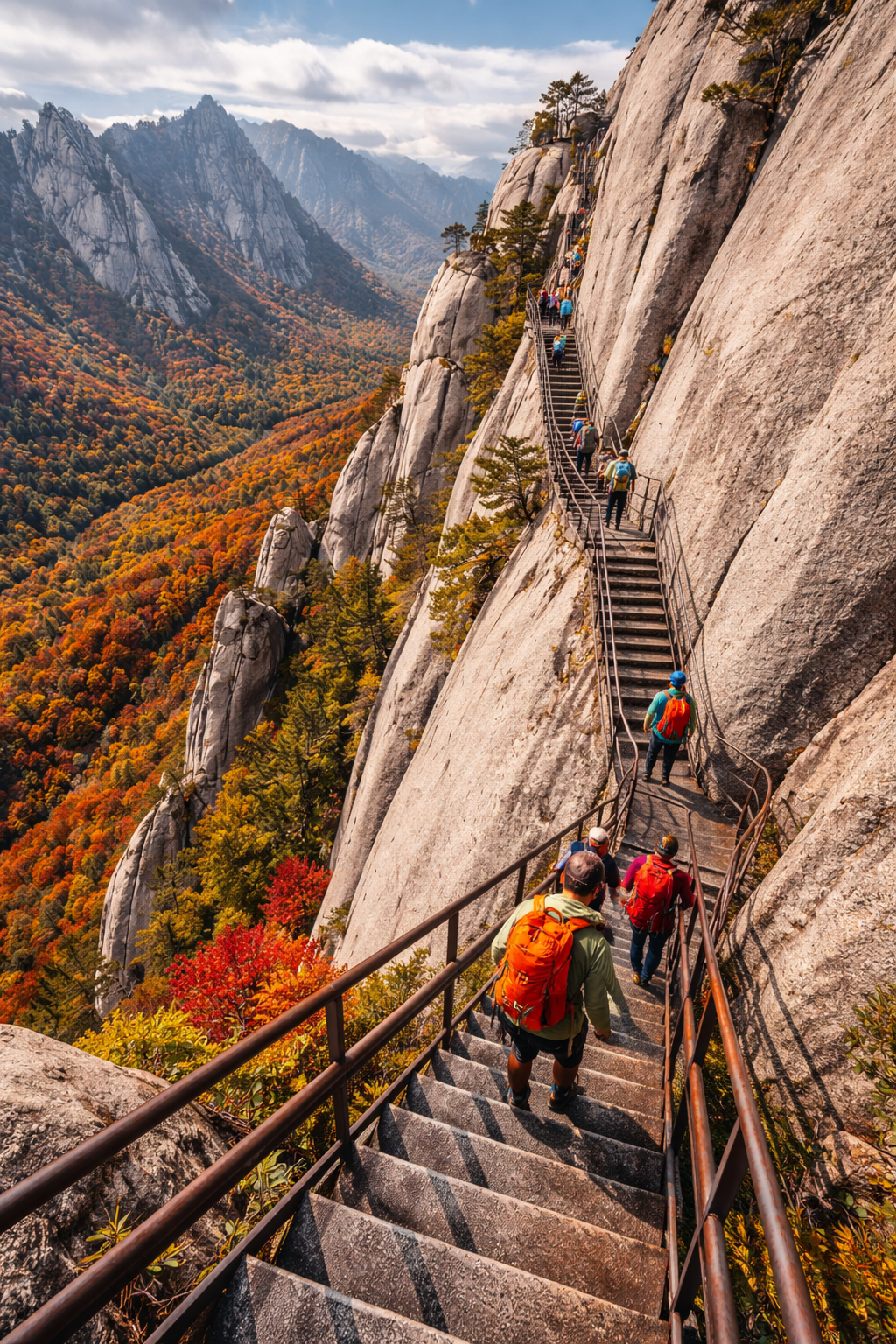 Hikers climbing the steep metal stairs of Ulsanbawi Rock surrounded by autumn foliage.