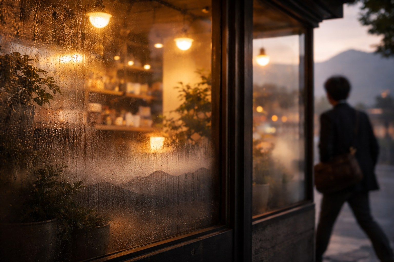 Hiking in South Korea: Café window reflection with a distant ridge line in Seoul.