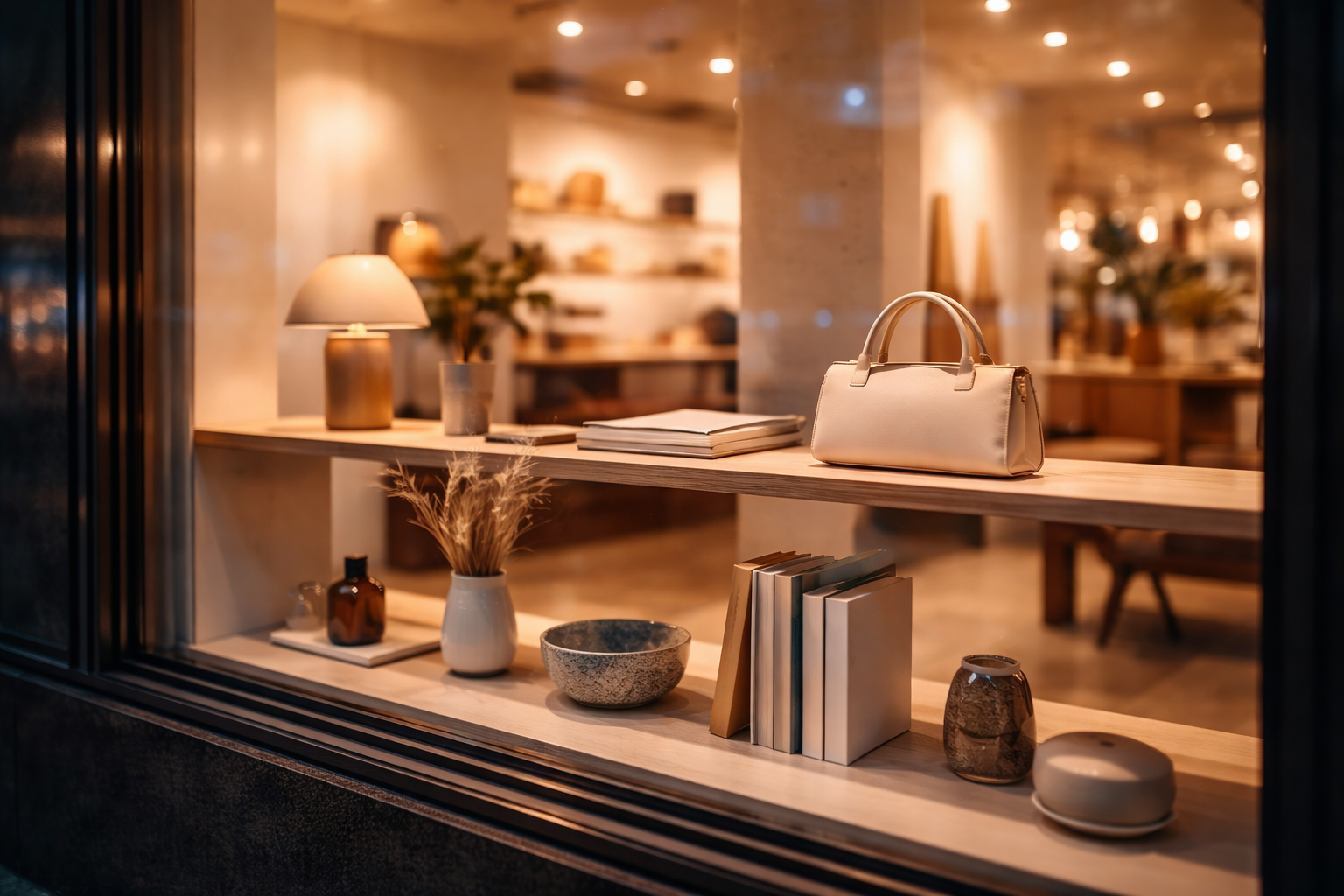 Minimalist concept store window with calm curated design.