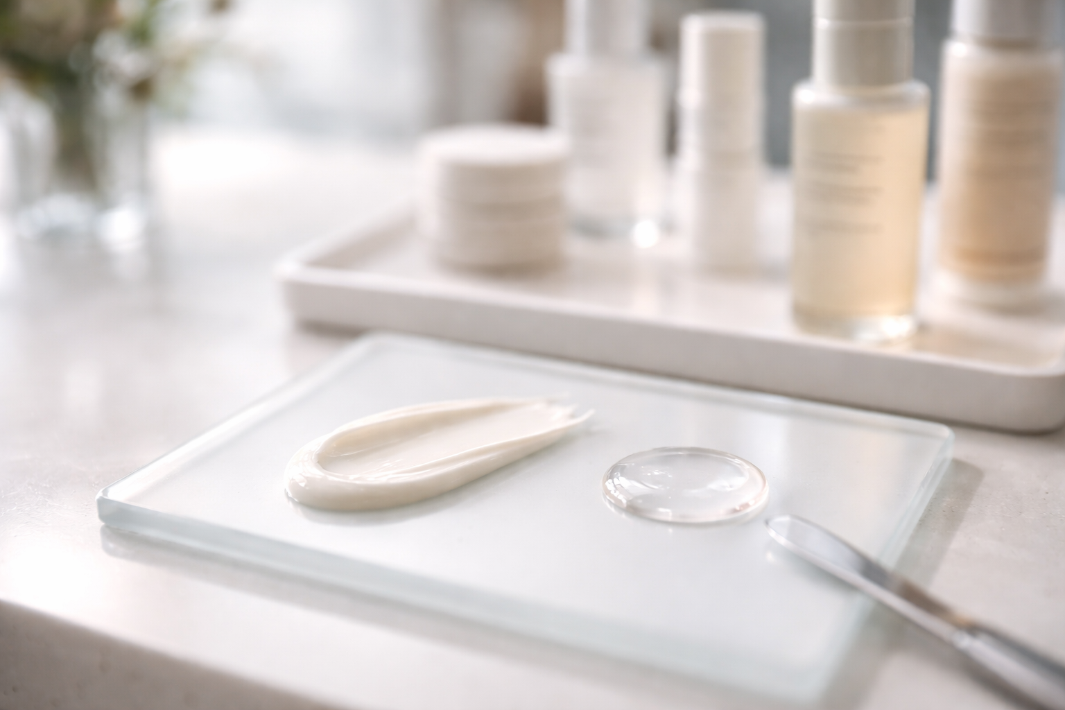 Close-up of skincare textures during a calm K-beauty selection.