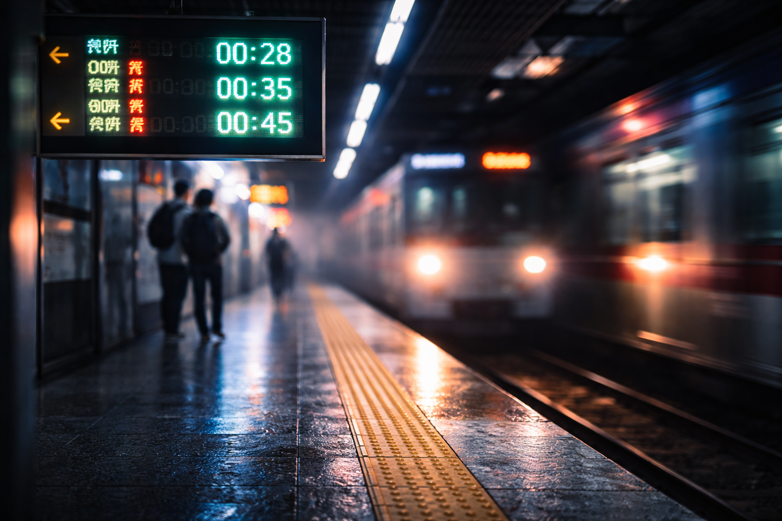Seoul metro platform close-up with late-night timetable glow.