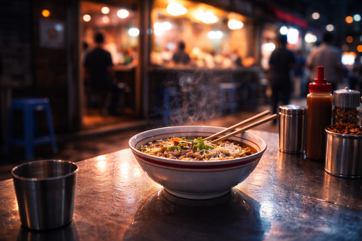 Steaming late-night noodles in a Seoul diner atmosphere.